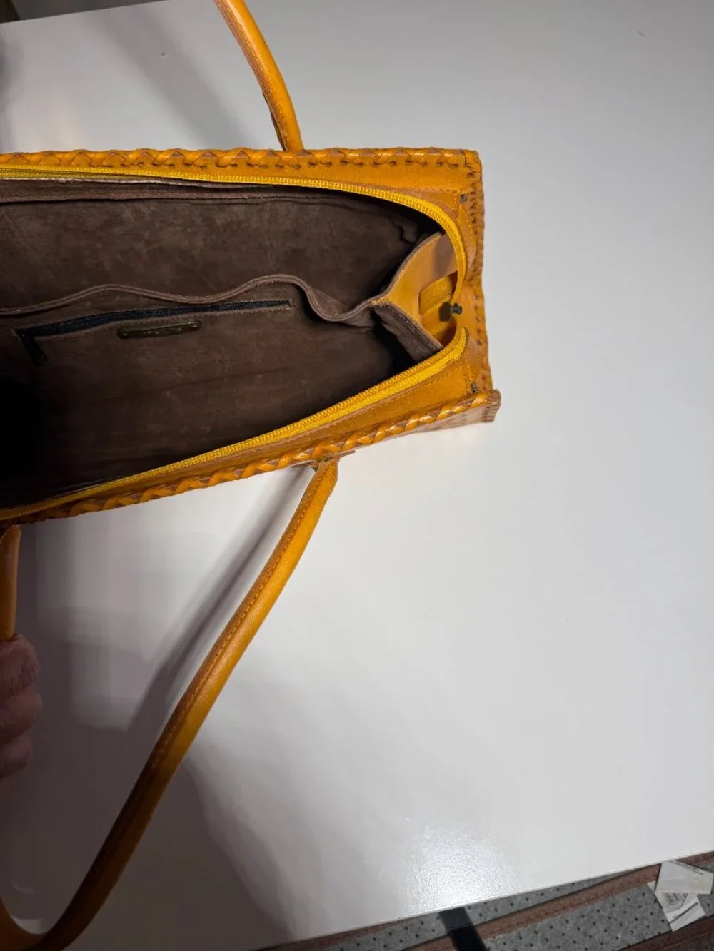 Alexis David Yellow Tooled Embossed Leather Handbag Purse Large Whipstitch NEW